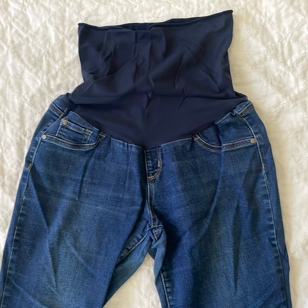 Maternity bellbottoms stretch blue jeans by indigo blue size large. J03